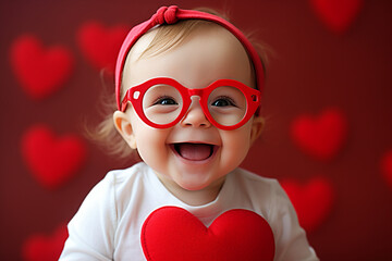 Image photo of cheerful beautiful kid wearing stylish big red glasses on valentine day generative AI concept