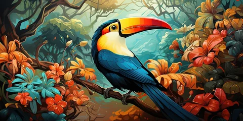 Foto op Plexiglas A toucan sitting in a tree surrounded by purple and yellow flowers and leaves with a bright colored beak on its head and a bright background of green leaves © Coosh448