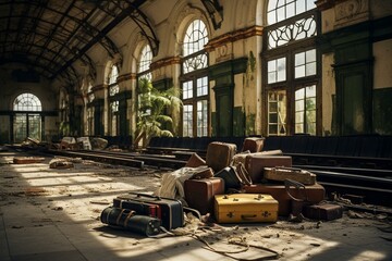 An abandoned train station or airport with luggage scattered around. Generative AI - obrazy, fototapety, plakaty