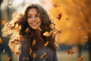 Naklejka na ściany i meble Generative Ai illustration of stunning woman surrounded by dry foliage autumn decorations background