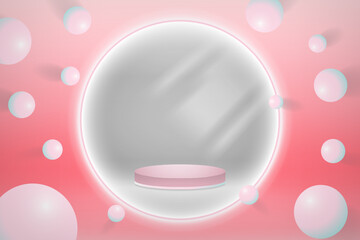 Pink Interior with Product Display Podium mockup inside LED Glowing ring with 3d bubbles on pink background. Vector Illustration. 
