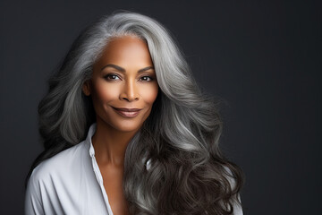 Generative AI image of a stunning attractive mature woman with beautiful long wavy hair isolated on grey background - Powered by Adobe