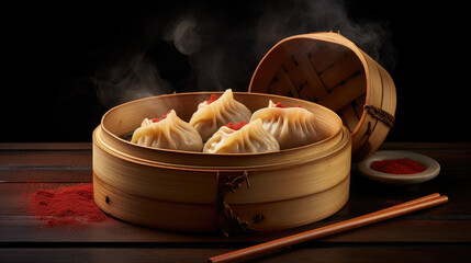 Bamboo container with chines dumplings Generative AI