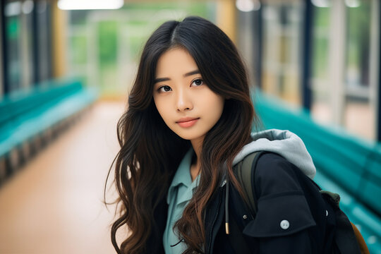 Generative AI photography of young asian charming girl walking city streets looking camera