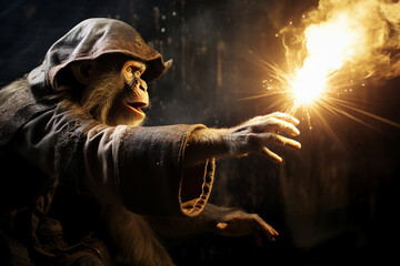 Generative ai collage photo of powerful monkey wizard using dark magic