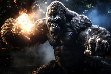 Generative ai collage photo of aggressive beast giant gorilla king kong using magic in fight