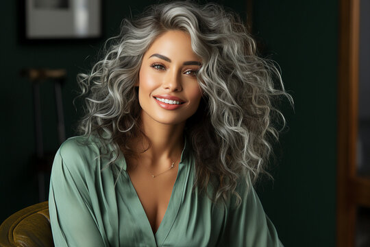 Generative AI photography of stunning lady with wavy grey color hair