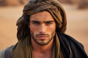 Young arab man in national clothes and turban Muslim man Saudi african moroccan yemenite persian men generative ai