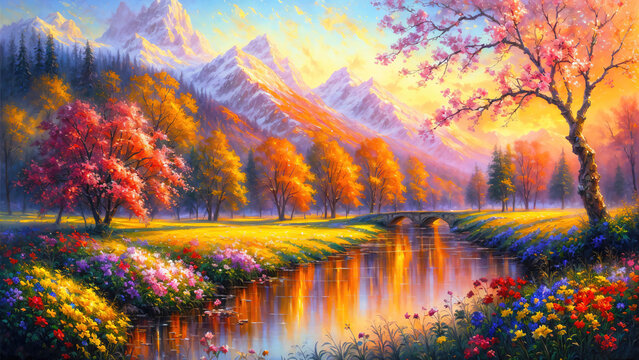 Summer landscape, flowers on the river bank with trees and mountains in the background, oil painting style illustration.