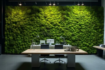 Green office walls adorned with synthetic moss and plants. Generative AI