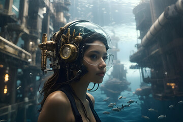 A Young Cute Girl in the underwater city with intricate machinery and submarines - obrazy, fototapety, plakaty