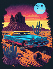 Retro car in the California desert with cacti in the background at sunset, flat sticker illustration.