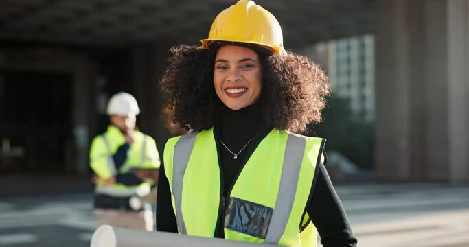 Happy woman, architect and city for construction management or teamwork in leadership on site. Portrait of female person, contractor or engineer smile for professional architecture, project or plan
