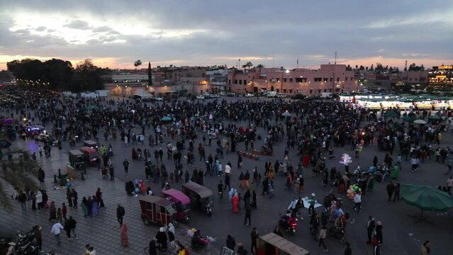 Jemaa el-Fnaa (Djemaa el Fna) square market of Marrakech city. The square is listed as UNESCO Masterpiece of Intangible Heritage of Humanity.