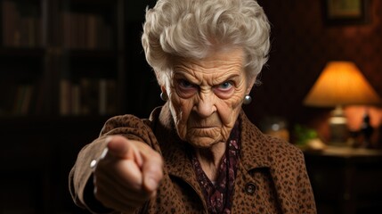Portrait of angry gray hair senior woman background.