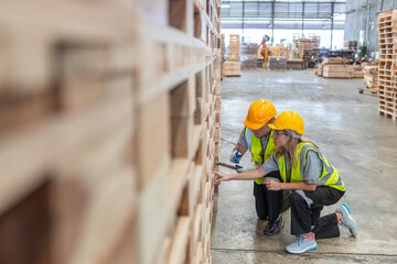 Team engineer carpenter wearing safety uniform and hard hat working holding clipboard checking quality of wooden products at workshop manufacturing. man and woman worker wood warehouse industry.