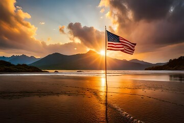 flag on the sunset beach . - obrazy, fototapety, plakaty