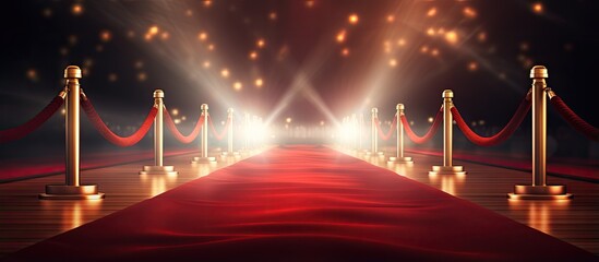 Celebrity and exclusivity conveyed through red carpet with velvet curtains and flashing lights - obrazy, fototapety, plakaty