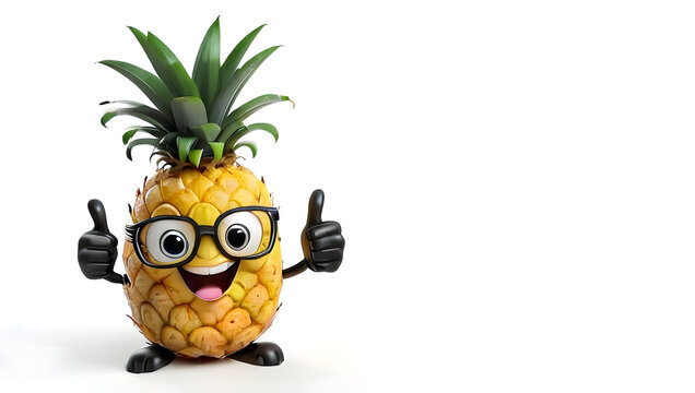 Happy smiling Pineapple character wearing sunglasses gives thumbs up, funny cartoon pineapple character showing thumbs up with white background