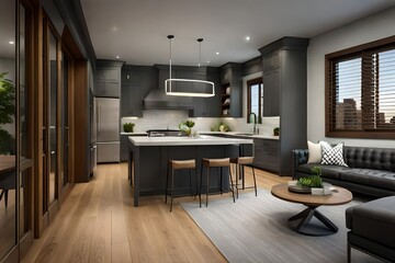 modern kitchen interior with cozy living room in gray .