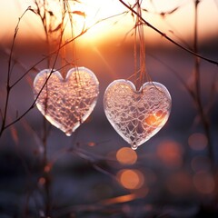 two heart shaped decorations stand close to a sunset