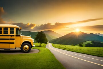 Obraz premium back to school with school bus and morning shine .