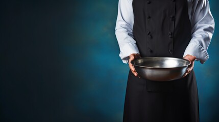 Chef holding a metal bowl against a solid color background