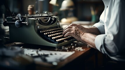 Elderly man at a typewriter words
