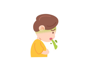 illustration of a boy throwing up. sick boy. vomiting food. health problems. heartburn and dizziness. funny and cute characters. vector element design. white background