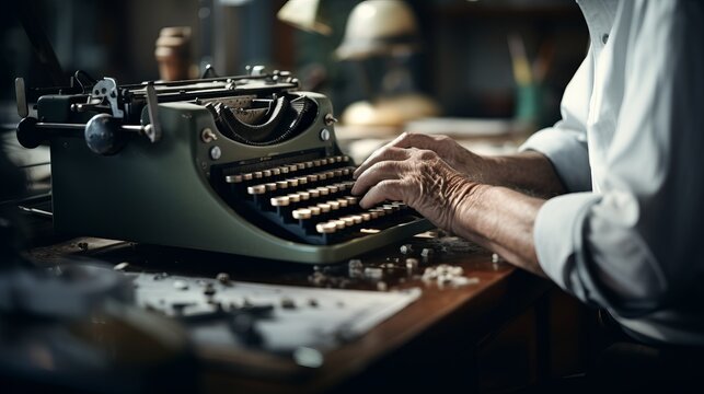 Elderly man at a typewriter words