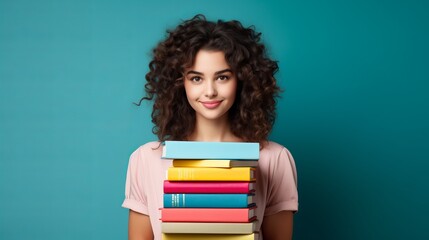 Student woman with a stack of books