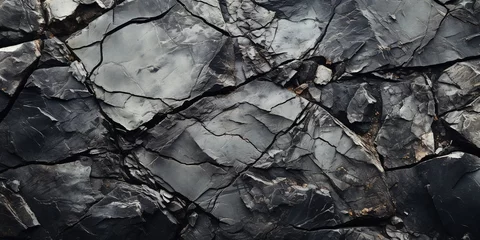 Photo sur Plexiglas Texture du bois de chauffage Black white rock texture. Dark gray stone granite background for design. Rough cracked mountain surface