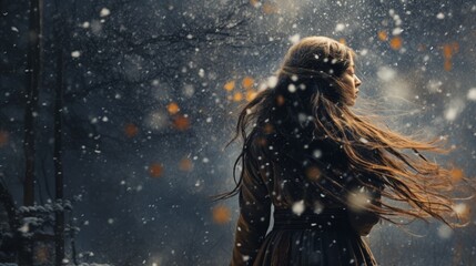 girl and falling snow. - obrazy, fototapety, plakaty