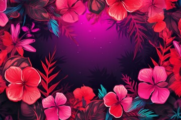 Futuristic backdrop: vibrant tropical flora inside hexagonal neon border. Generative AI
