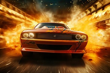 Fast racing with flames on race track, drag racing start. Generative AI - obrazy, fototapety, plakaty
