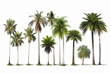 Isolated coconut and palm trees on white background, a collection of large summer palm trees with big trunks. Suitable for advertising and architecture. Generative AI