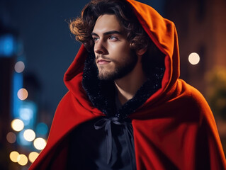 Portrait of Handsome Young Man in Red Cloak on a night city street background. Costume of Wizard, or Magician for Christmas,  New Year or Halloween party - obrazy, fototapety, plakaty