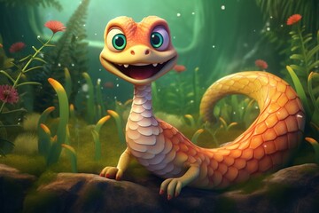 An adorable little snake depicted in a charming childlike cartoon style. Generative AI