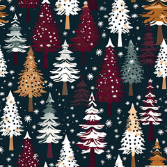 Christmas trees, forest green, burgundy, white snowflakes, vector, seamless pattern AI Generated