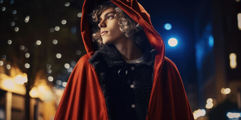 Portrait of Handsome Young Man in Red Cloak on a night city street background. Costume of Wizard, or Magician for Christmas, New Year or Halloween party celebration 