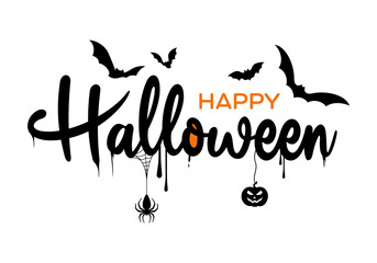 Happy Halloween printable banner with Happy Halloween lettering text, logo, type, vector, slide background for greeting card, bunting, Halloween email signature, gift tags, signs & party invitation