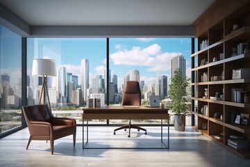 Modern office with empty frame, furniture, large window & city view. Generative AI