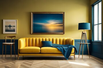 A luxurious, comfortable blue sofa against a vibrant yellow studio backdrop.
