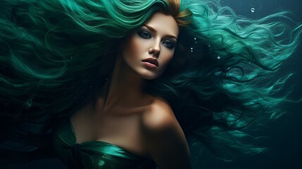 mermaid girl with long hair. - obrazy, fototapety, plakaty