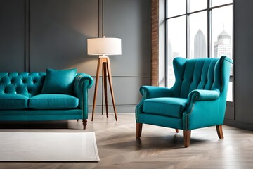 Contemporary aqua teal blue wingback armchair with pillow, upholstered wing armrests, wooden feet, displayed from the side on a white background. Part of a turquoise sofa ensemble for interior decor.