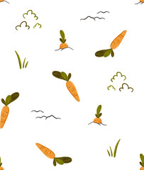 Cute farm carrot seamless pattern. Fresh vegetable for fabric, design, card, print or background. Cartoon doodle illustration for kids with textured effect. Hand drawn