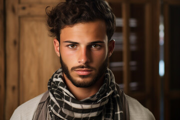 Fototapeta premium Young arab man in national clothes and turban Muslim man Saudi african moroccan yemenite persian men generative ai