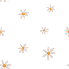 Seamless minimal pattern with simple daisy flowers. Endless chamomile background in scandinavian style. Stylized floral digital illustration. Scandi repeating texture for wrapping paper, fabric