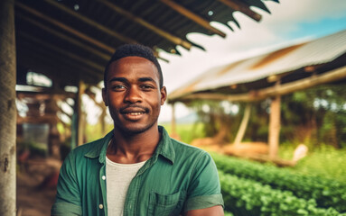 Farmer worker, African man standing in front of blurred local farm. Generative AI