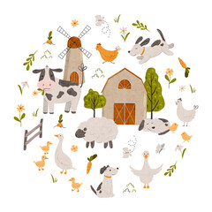 Round composition with farm animals. Rural country card template or local market design for banners, invitations. Cute countryside illustration with barn, windmill, cow, hen, dog, cow, sheep, goose